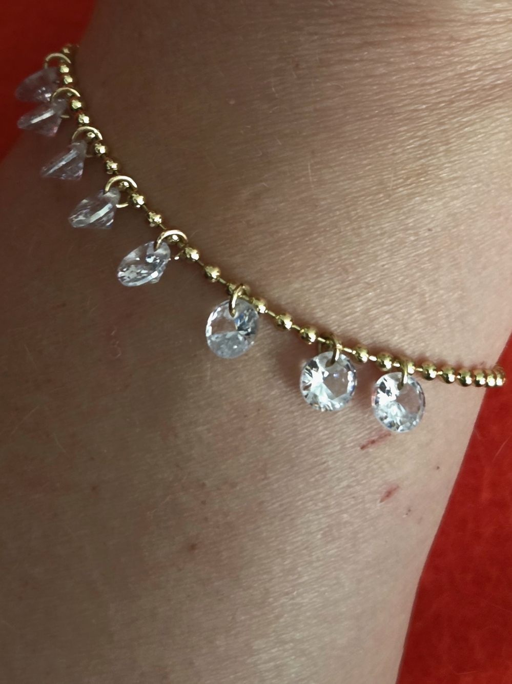 Vintage Gold Bead Bracelet with Clear Crystal Drops - Women's Jewelry